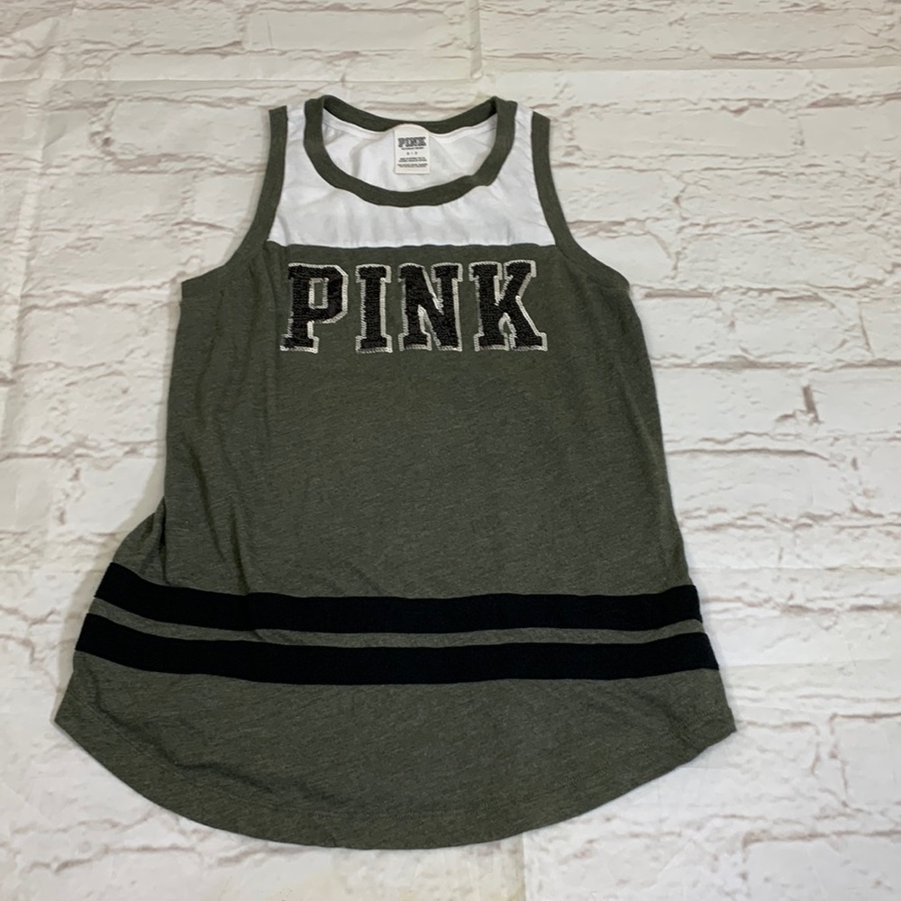Pink Victoria’s Secret tank top Sequin Pink logo Green black Small